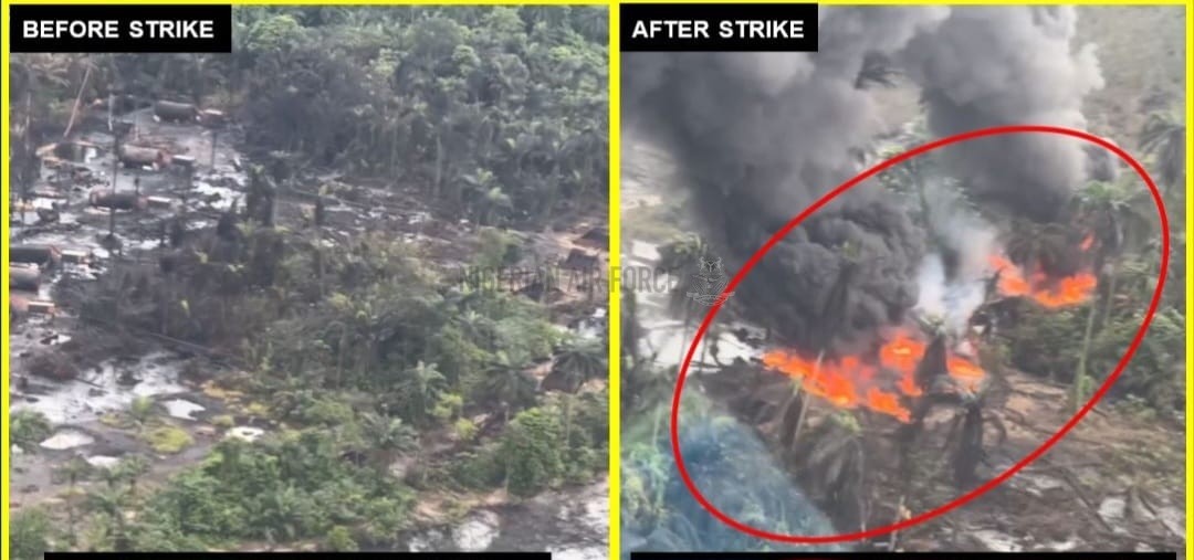AIR STRIKES DESTROY ILLEGAL REFINING SITES AND BOATS AT ARUGBANA AND YELLOW ISLAND IN RIVERS STATE