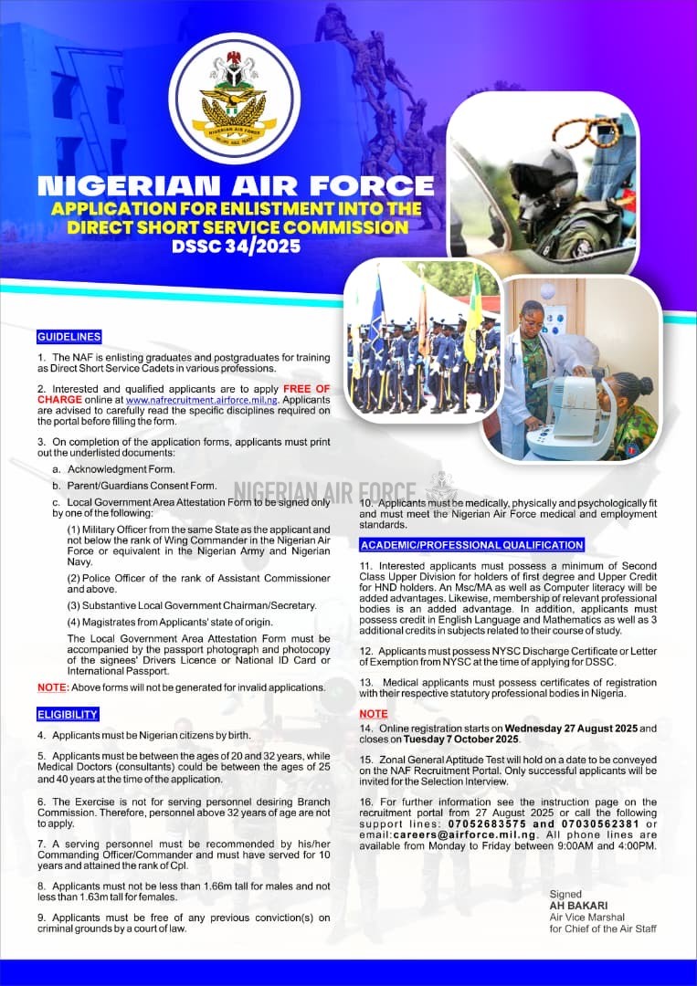 PUBLIC ANNOUNCEMENT  JOIN THE NIGERIAN AIR FORCE – DSSC 34/2025 ENLISTMENT OPENS ON 27TH AUGUST 2025