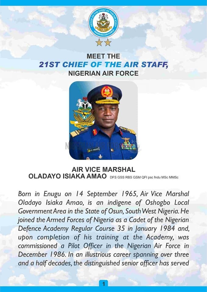 MEET THE 21ST CHIEF OF THE AIR STAFF, NIGERIAN AIR FORCE: AIR VICE MARSHAL IO AMAO DFS GSS RBS GSM QFI psc fndu MSc MMSc