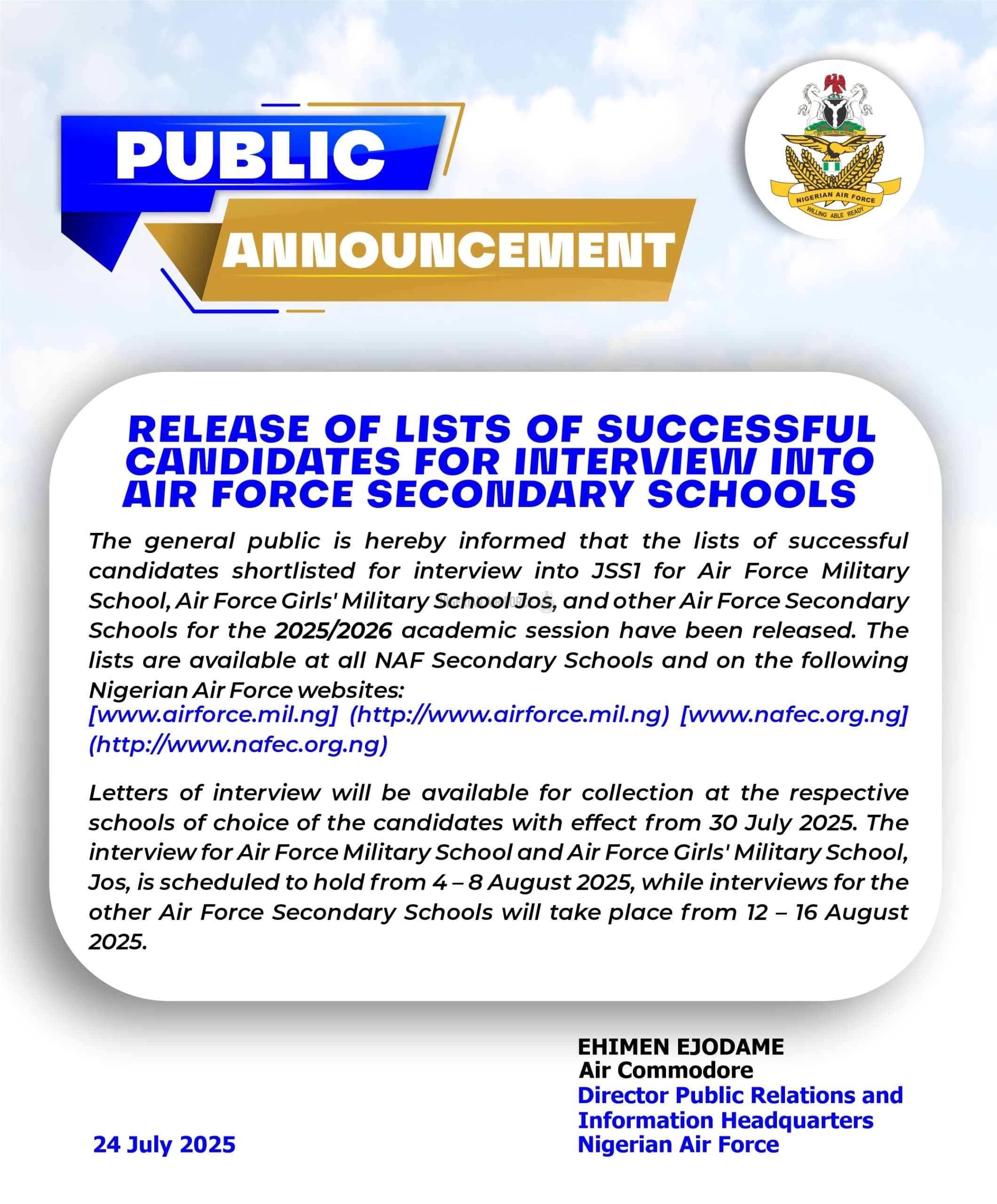 RELEASE OF LISTS OF SUCCESSFUL CANDIDATES FOR INTERVIEW INTO AIR FORCE SECONDARY SCHOOLS