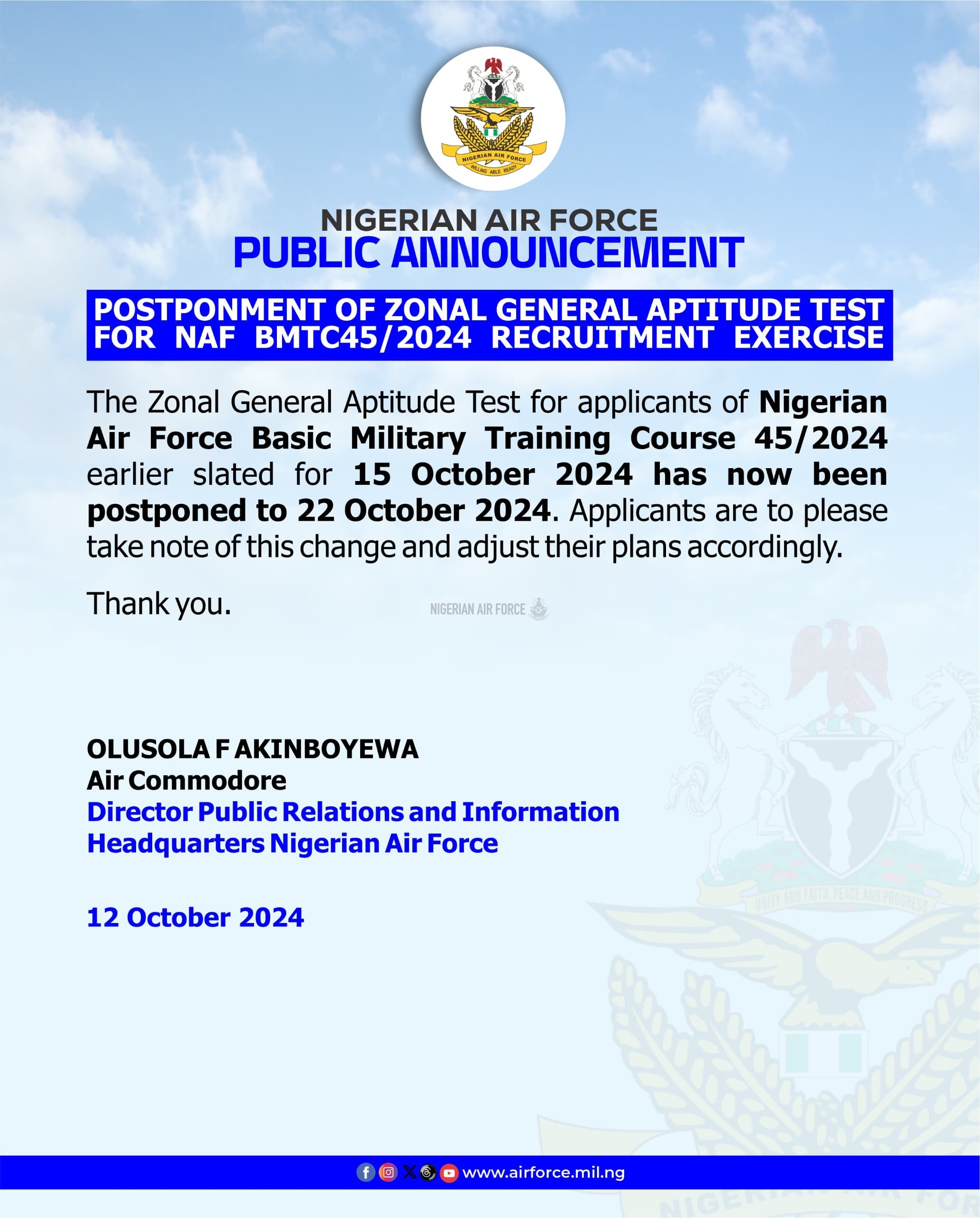 POSTPONMENT OF ZONAL GENERAL APTITUDE TEST FOR NAF BMTC45/2024 RECRUITMENT EXERCISE