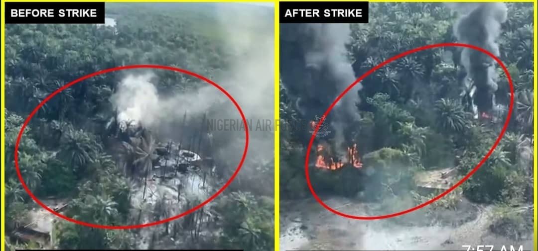 NAF AIR STRIKES DESTROY 6 ILLEGAL REFINING SITES AND 5 COTONOU BOATS IN RIVERS STATE