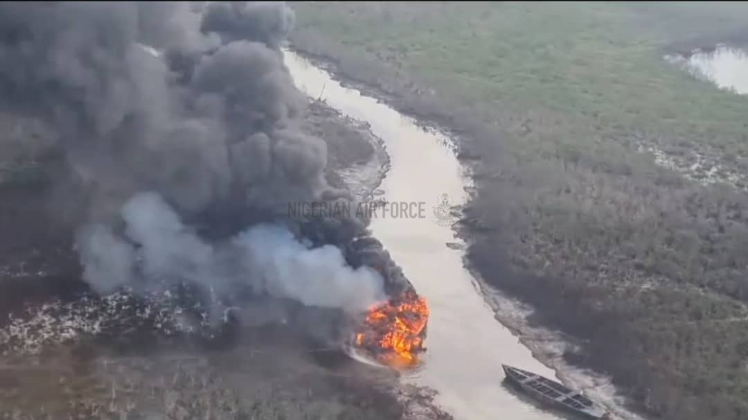 HARD TIMES FOR OIL THIEVES AS NAF AIR STRIKES DESTROY BOATS WITH STOLEN CRUDE OIL
