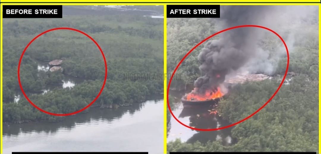 AIR STRIKES DESTROY ILLEGAL REFINING SITES AND BOATS AT ARUGBANA AND YELLOW ISLAND IN RIVERS STATE